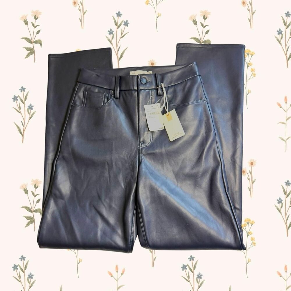 NWT Good American Icon Faux Leather Pants Straight Leg Ink Blue Navy Size 6